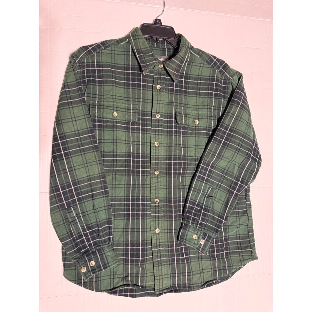 Eddie Bauer Heavy Flannel Shirt Mens L Green Plaid Button Up